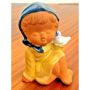 Vintage Girl & Bird Figurine Bonnet Terracotta Paul Marshall Japan 4.5" Tall